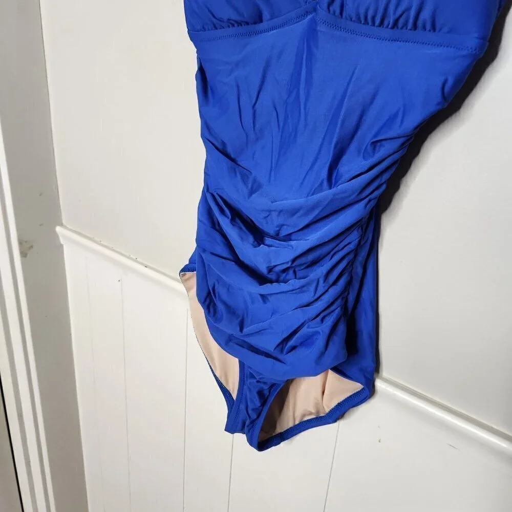 J. CREW Solid Blue Ruched V Neck One Piece Bathin Suit